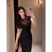 XZY 收腰显身材包臀裙 微胖御姐修身 黑色网纱拼接连衣裙女25年夏季