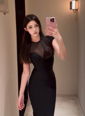 XZY 微胖御姐修身黑色网纱拼接连衣裙女25年夏季收腰显身材包臀裙