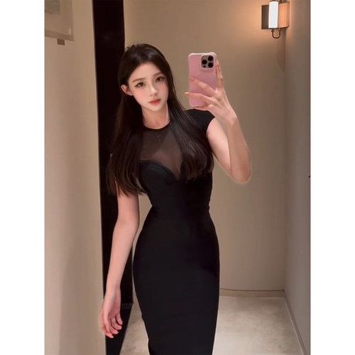 微胖御姐修身黑色网纱拼接连衣裙