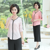 夏天洋气中袖 T恤中老年女夏季 2020新款 中年女装 妈妈夏装 雪纺上衣