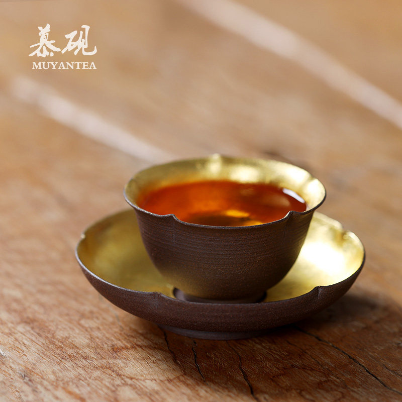 慕砚日本进口清水烧粗陶杯手作复古金箔主人杯日式清酒杯功夫茶杯