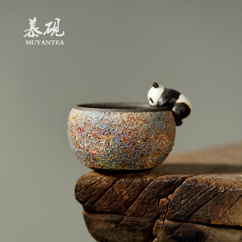 慕砚岩矿熊猫茶杯高越柴烧纯手工茶盏创意老岩泥茶具主人杯品茗杯