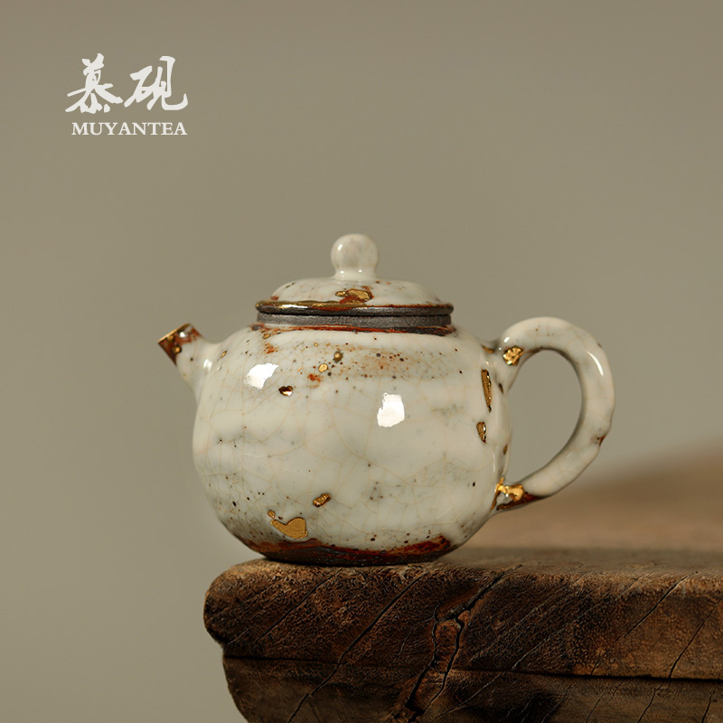 慕砚手作侘寂风志野烧茶壶描金
