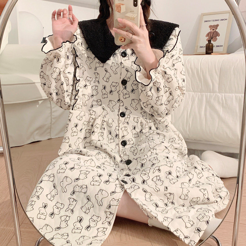 空气棉月子服秋冬款产后哺乳家居服加厚睡裙睡袍待产夹棉孕妇睡衣