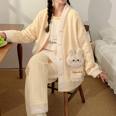 孕妇纯棉夹棉加厚三件套哺乳睡衣