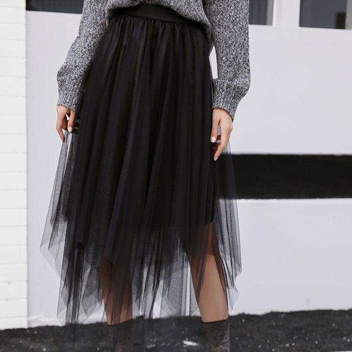 。不规则纱裙半身裙秋冬女中长款高腰蓬蓬裙打底蕾丝百褶a字网纱