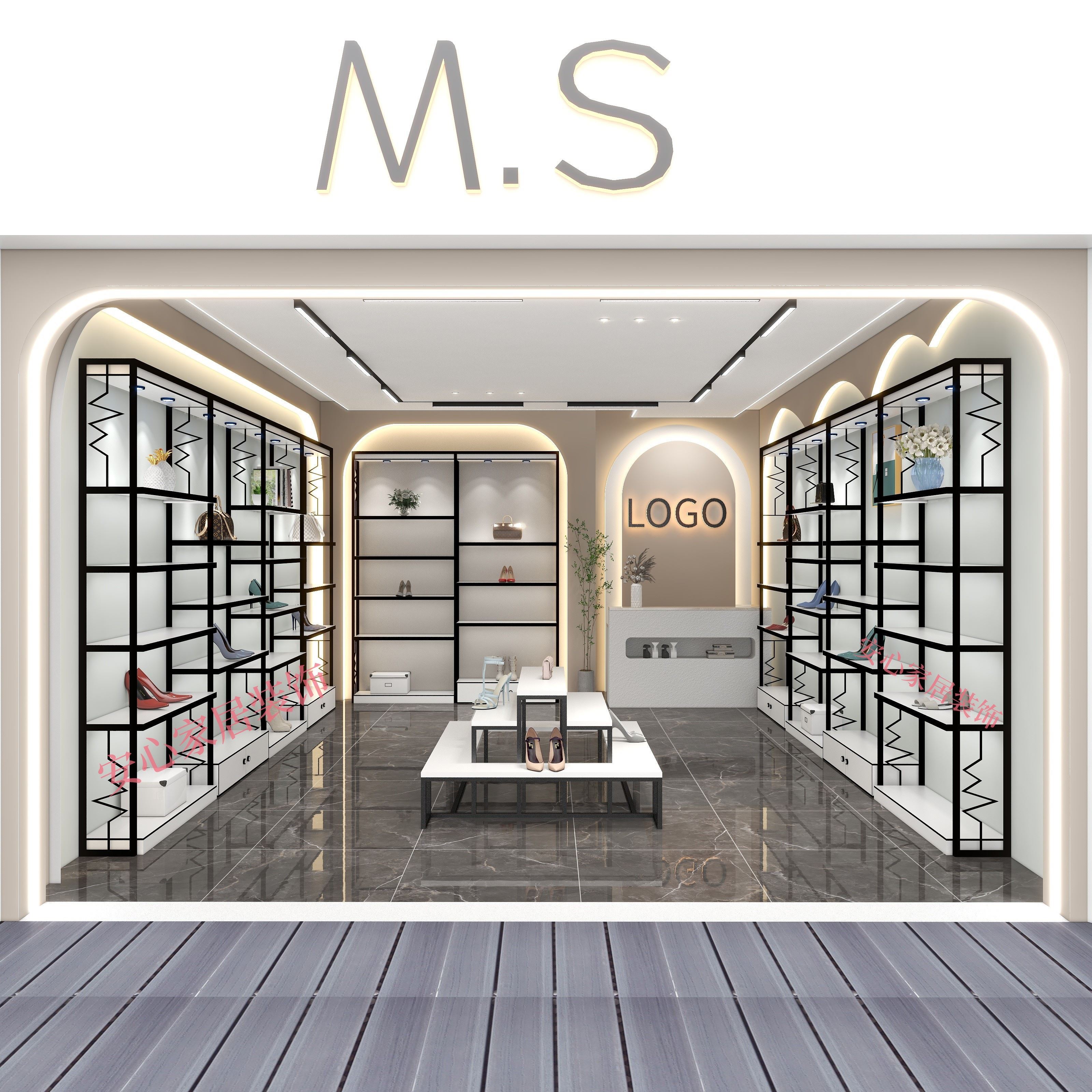 鞋架鞋店展示柜商场货柜落地带灯鞋货架童鞋包包展示架装修效果图