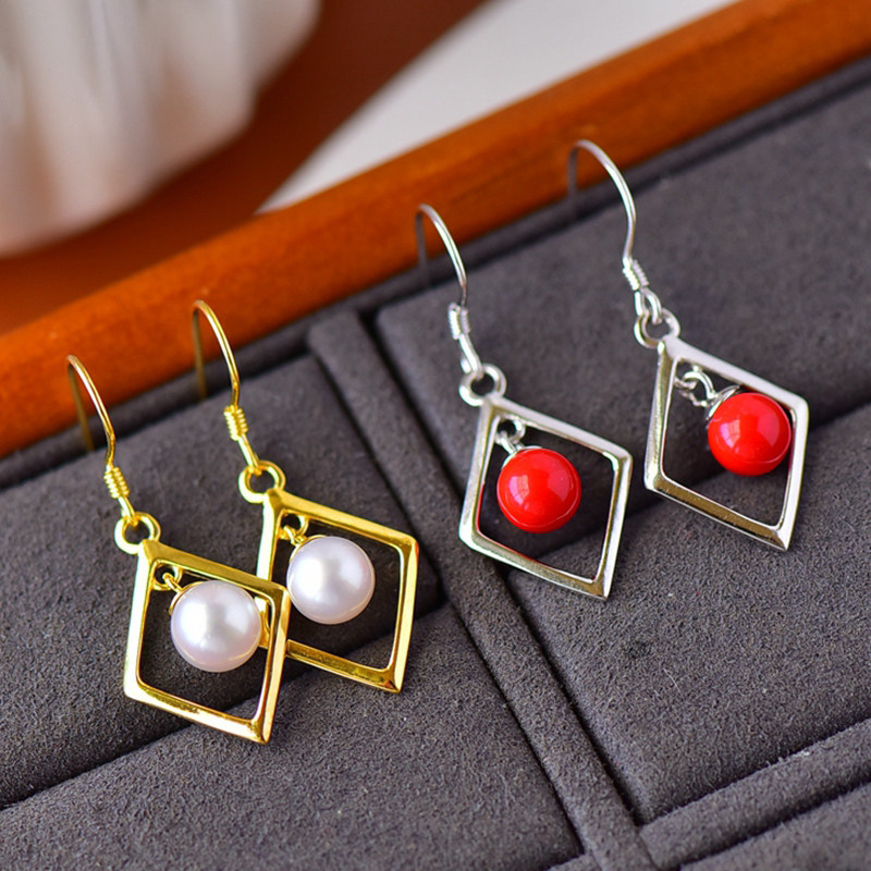 S925纯银耳坠耳饰空托时尚女款圆珠DIY蜜蜡松石珍珠玉石镶嵌银托