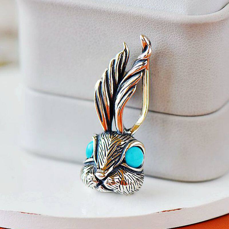 S925纯银吊坠空托复古男女款流氓兔圆DIY蜜蜡松石琥珀玉石镶嵌5*5