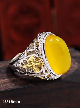 S925银戒指空托降魔金刚杵男款镀金定制DIY活口松石蜜蜡镶嵌13*18