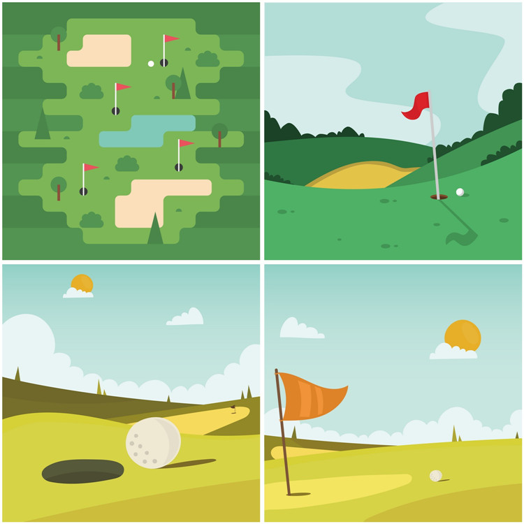 a0187高尔夫球场运动球盖山丘草地卡通背景eps设计素材ai矢量图