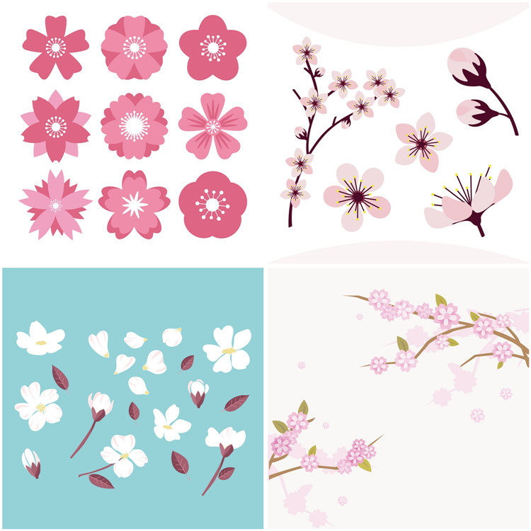 a0106樱花植物背景日本手绘卡通唯美仿真树枝eps设计素材ai矢量图