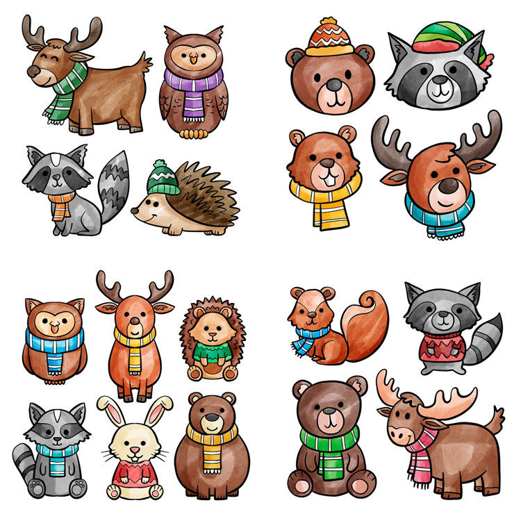 a0925手绘萌版动物卡通可爱刺猬鹿熊狐狸野兽eps设计素材ai矢量图