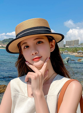 帽子女夏天英伦草帽平顶短檐小礼帽户外防晒沙滩度假海边太阳帽子