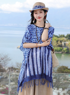 云南仿蓝染印花民族风围巾女