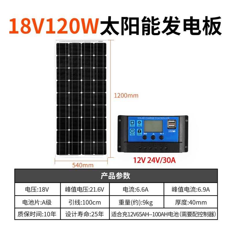 100W太阳能发电板12V充电电池板18V光伏板发电系统家用Y24V控制器