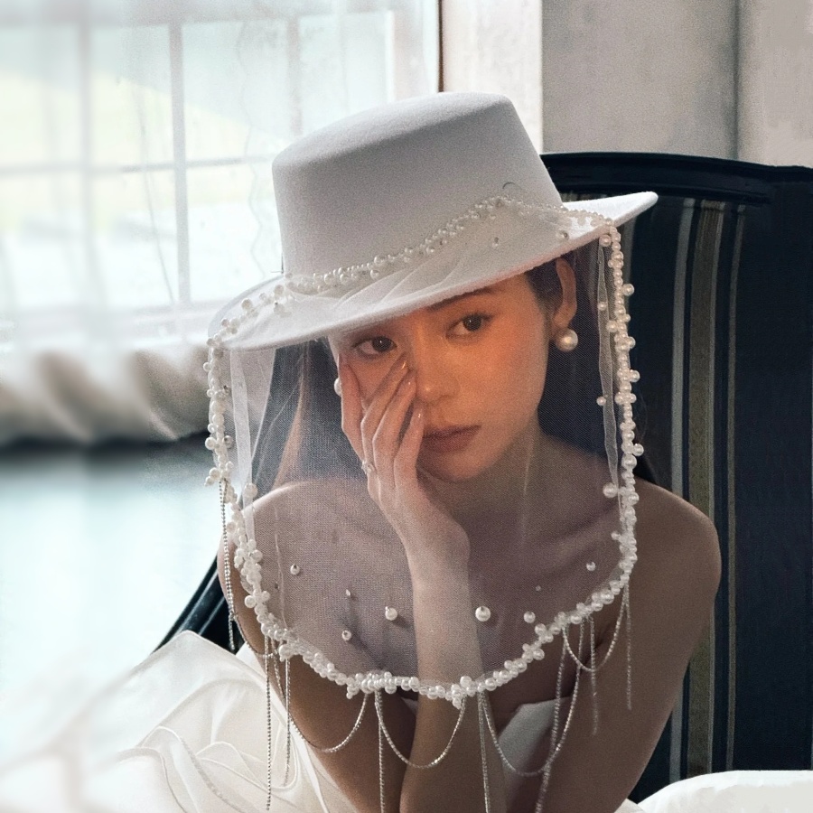 氛围感拍照珍珠遮脸网纱平顶礼帽小众女复古优雅婚纱摄影新娘帽子