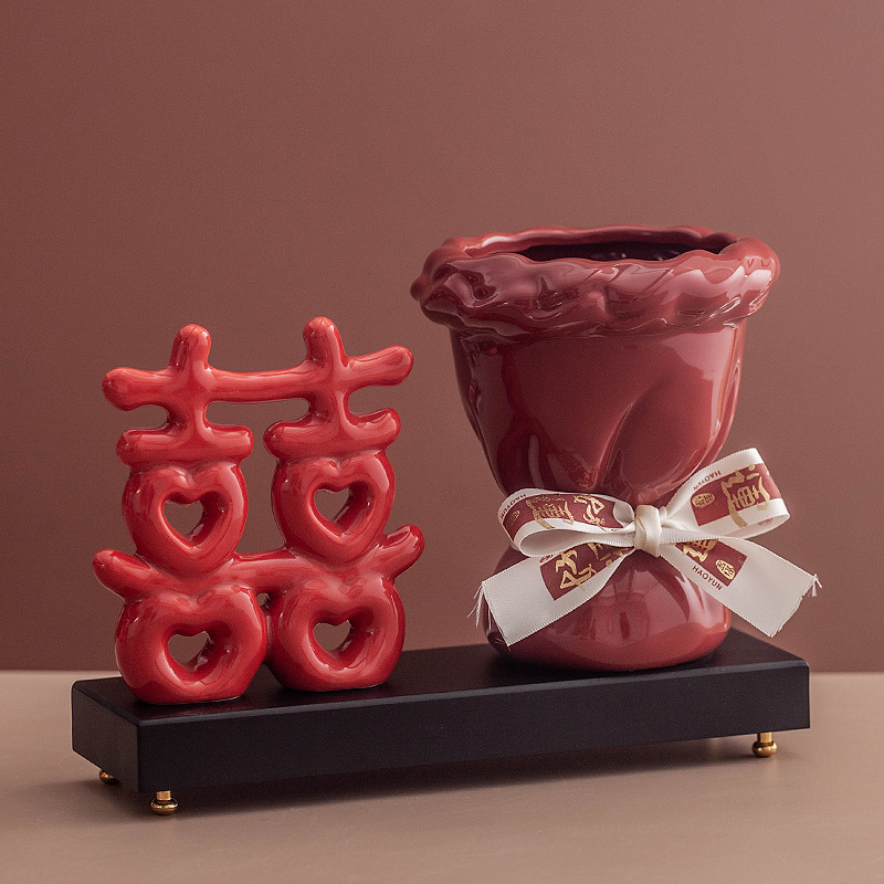 丼美新婚结婚摆件红色喜庆婚房花瓶仿真花桶礼物乔迁玄关客厅装饰