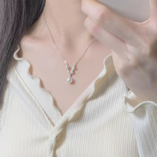 Afterday【珠光宝气】S925纯银V形珍珠项链锁骨复古甜美气质优雅