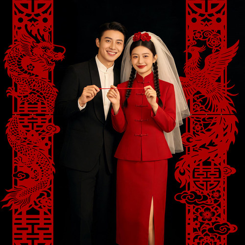 婚房布置新中式红色剪纸喜挂饰套装结婚客厅卧室拉花囍字晨袍