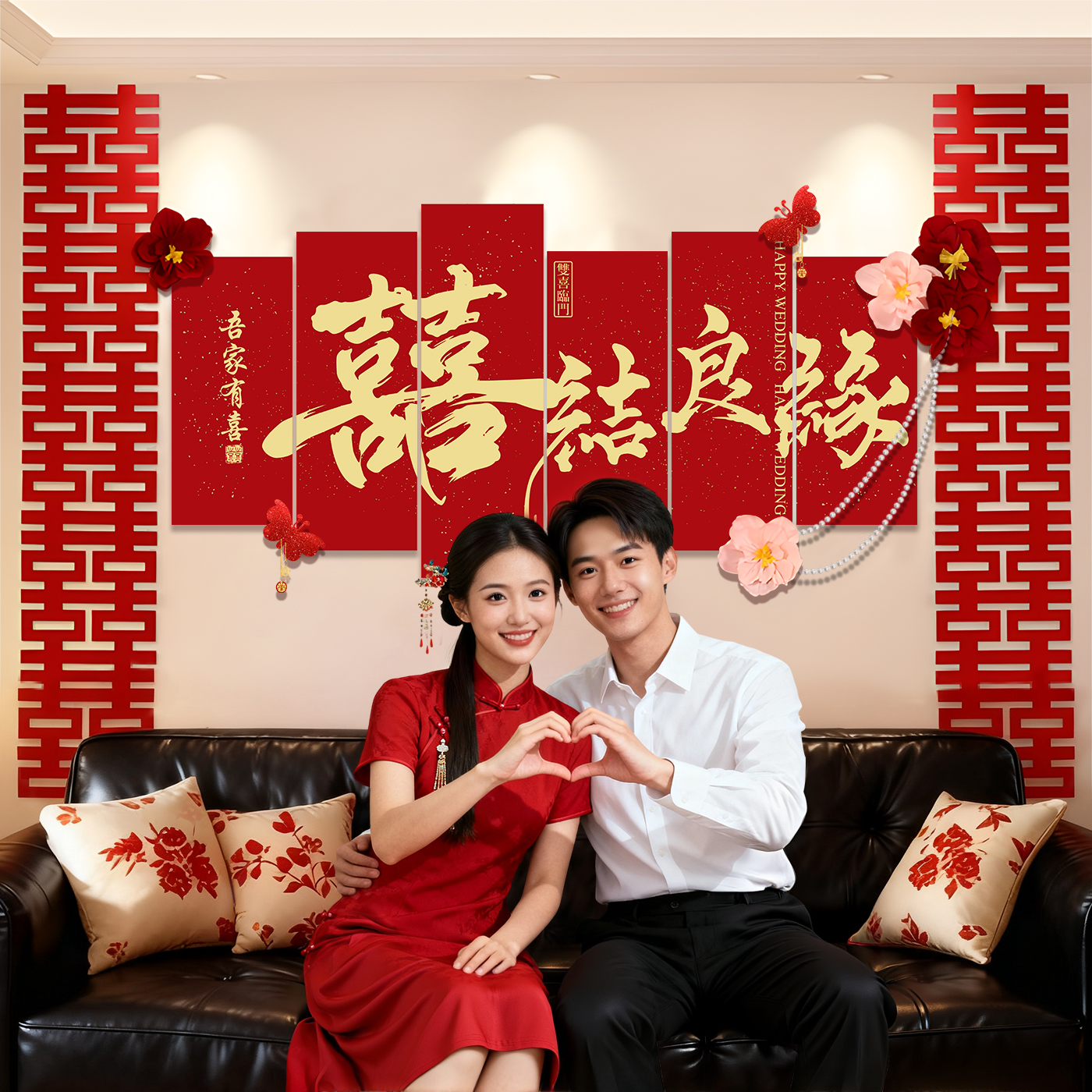 婚房布置套装客厅沙发背景墙男方全屋结婚礼装饰卧室床头喜字kt板