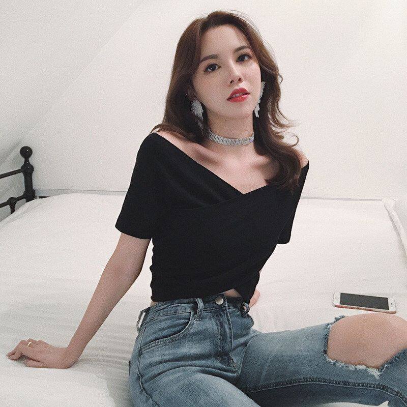 性感V领露脐T恤高腰女短袖纯色上衣短款学生修身打底衫紧身棉质夏