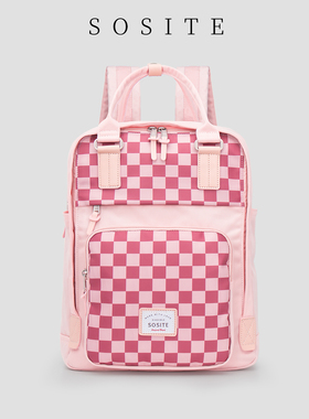 SOSITE粉红撞色格子双肩包女校园原宿潮流学生背包休闲电脑包