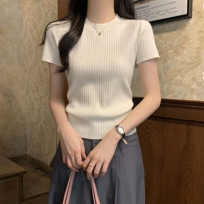 针织短袖t恤女2025新款早春夏季设计感冰丝小衫修身正肩短款上衣
