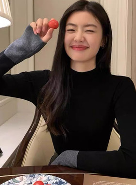 一件代发别致半高领针织打底衫女修身辣妹长袖内搭毛衣高级感上衣