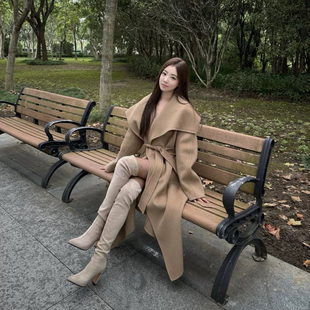 驼色M家Rienza大翻领系带珠边秋冬长款气质风女款双面羊毛呢大衣