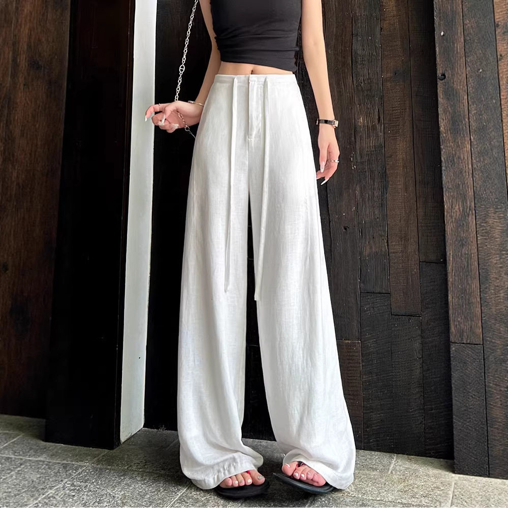 白色天丝亚麻阔腿裤女夏薄款人字纹透气棉麻休闲裤老钱垂感直筒裤