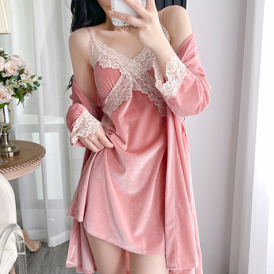 秋冬新款金丝绒睡衣女睡裙套装