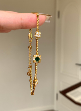 S925纯银草绿糖塔四叶花手链女中古风复古轻奢老钱小红书爆款手环