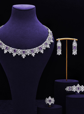 奢华晚宴礼服珠宝紫色锆石项链套装高档结婚微镶新娘婚礼首饰套装