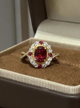 珠宝 2025新品S925银6*8mm仿真鸽血红椭圆戒指女宫廷中古风