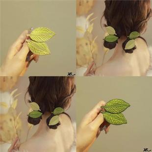 新款树叶2025叶子发夹侧边简约森系头饰小边刘海后脑勺卡子绿色女
