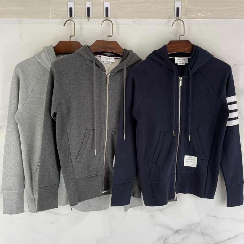 修身纯棉帽衫拉链开衫四条白杠