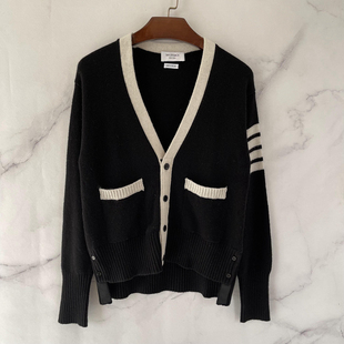 定制全黑织带条纹 70羊毛30马海毛纱线 FW马海毛开衫 针织衫