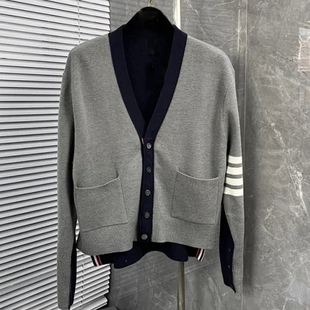 14针四平织法 前灰后蓝 秋冬针织拼接撞色开衫 前短后长