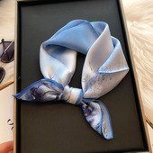 民族风小领巾配工装 百搭蓝色真丝丝巾100%桑蚕丝小方巾秋冬款 时尚