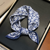 新款 饰小领巾 百搭蓝色真丝丝巾女100%桑蚕丝斜纹绸小方巾民族风装