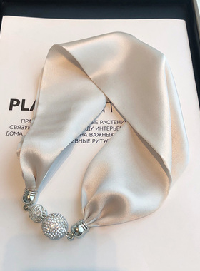 纯色百搭真丝丝巾磁扣项链吊坠护颈椎米灰色100%桑蚕丝懒人小领巾