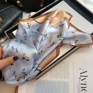 百搭淡蓝色真丝丝巾100%桑蚕丝小方巾春秋时尚 商务OL小领巾护颈椎