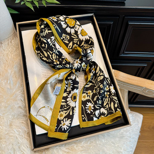 百搭黄黑色真丝丝巾2025新款小长条高档送礼丝绸100%桑蚕丝小领巾