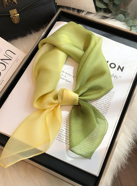 百搭渐变黄绿色真丝丝巾100%桑蚕丝雪纺中方巾秋冬薄款韩国小领巾