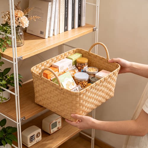 零食收纳筐手工编织桌面收纳盒家用仿藤编玩具筐置物篮编织收纳篮