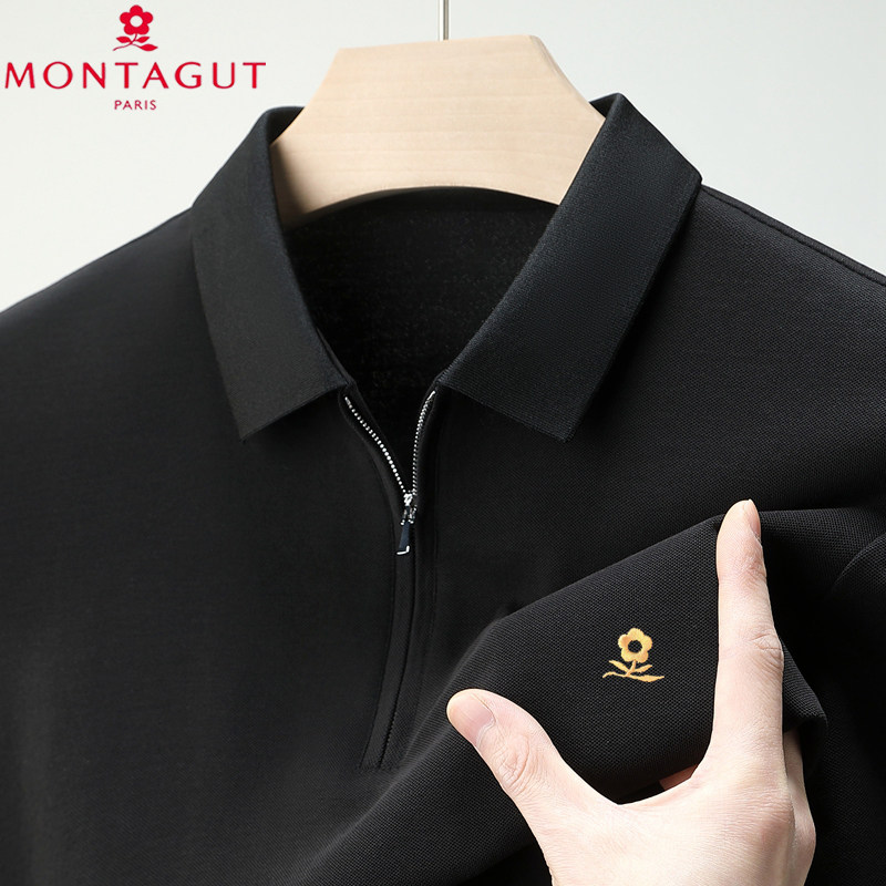 梦特娇男士短袖T恤高端桑蚕丝POLO衫半拉链翻领商务休闲夏季上衣