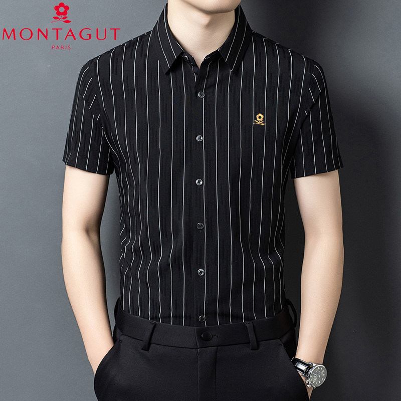 梦特娇夏季新款男士短袖T恤衬衫商务休闲条纹免烫高端纯棉衬衣