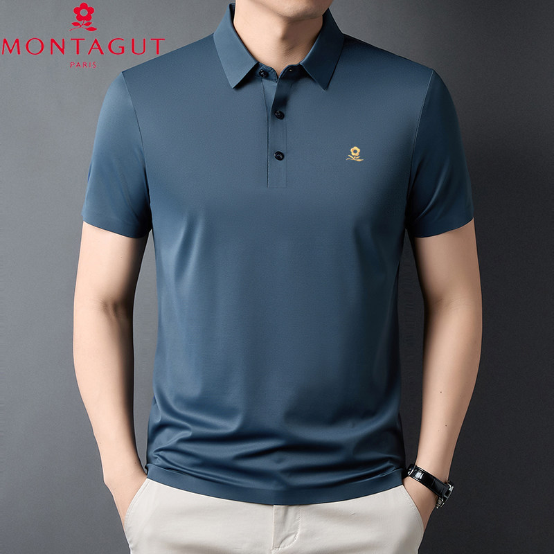梦特娇夏季男士短袖翻领POLO衫商务休闲桑蚕丝免烫纯色T恤上衣