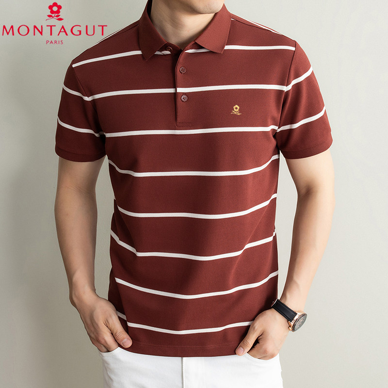 梦特娇短袖T恤男士纯棉条纹翻领POLO衫商务休闲高级感中年上衣